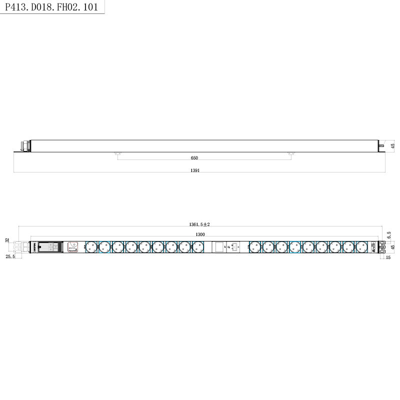 18 Outlets Germany 1U Surge Protection Hot Swappable RS485 Metered Rack PDU